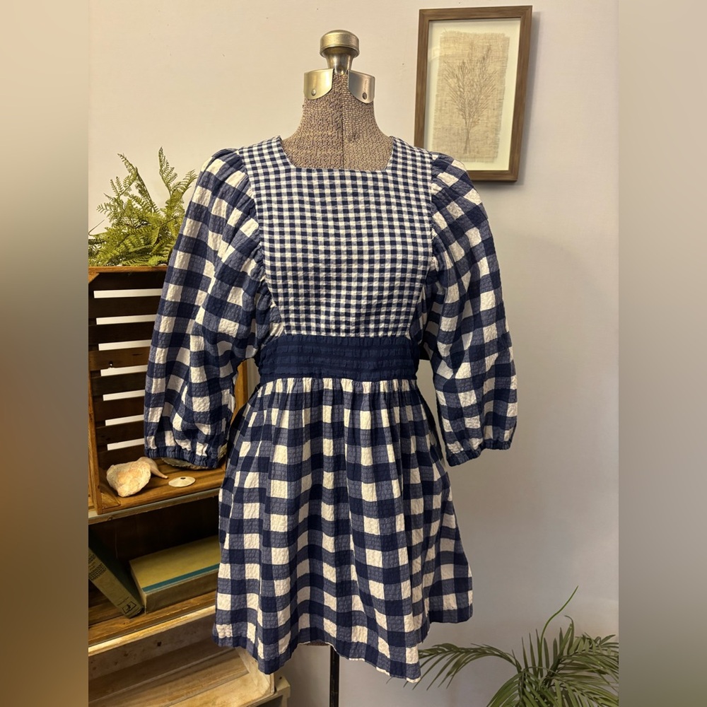 Vintage 60s 70s Cottagcore Mini Dress Blue & White Checkered XS Puff Sleeve